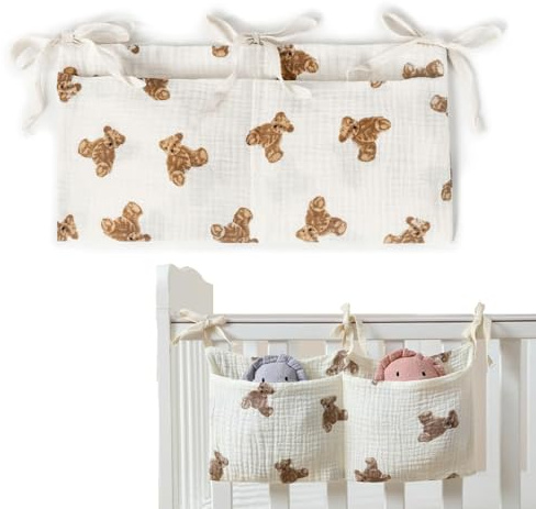 JYNXOR Organizador Cuna, Bolsas de Almacenamiento Colgantes para Cama de Bebé con Dos Bolsillos Grandes,Organizador Colgante para Pañales, Bolso para Pañales, Juguetes y Ropa(Patrón de oso)