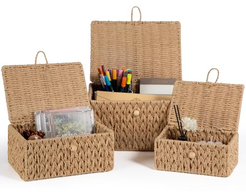 Otauoaea Set de 3 Cestas de Almacenaje con Tapa - Cestas Tejidas de Mimbre Rectangulares y Apilables para Baño, Cocina y Organización del Hogar