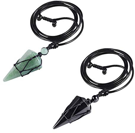 WBYSFR Förpackning med 2 naturligt läkande kristallspets stenhängande halsband för kvinnor och män, Reiki Chakra Dowsing Divination Pendel, Justerbar