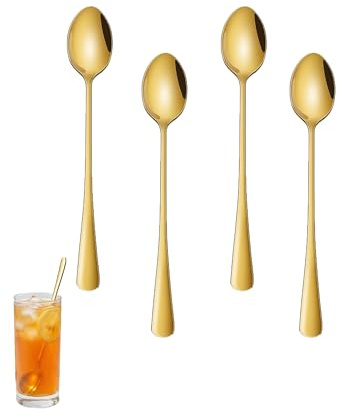 Iced Tea Spoons Long Handle Set of 4, 7.7 Stainless Steel Long Teaspoons for Tall Glasses Mason Jars, Gold Coffee Stirring Spoons for Latte Espresso Dessert Ice Cream, Dishwasher Safe Bar Spoons