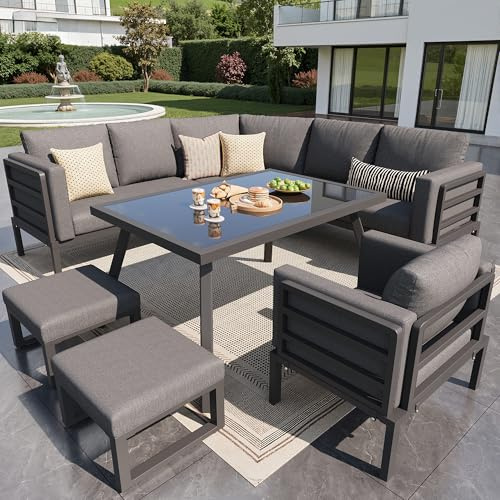 Ensemble de meubles de jardin Merax 8 places, ensemble de salon de jardin en fer galvanisé, mobilier de balcon extérieur avec fauteuils et tabourets et table basse en verre, résistant aux intempéries