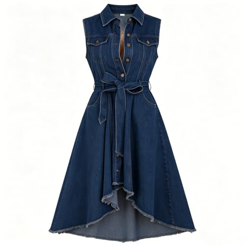 SUIUOI Vestido vaquero para mujer, sin mangas, asimétrico, dobladillo con flecos, vestido vaquero, verano, moda casual