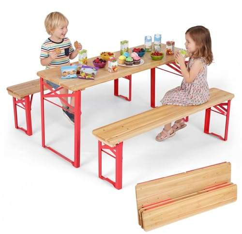 COSTWAY Barnsittgrupp Utomhus Hopfällbar, Barnpicknickbord Set med 2 Sitsbänkar, Öltältgarnitur 110 cm av tallträ med metallram, Barnsittgarnitur för trädgård, terrass, camping