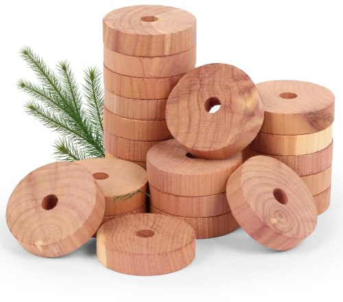 Flintronic Malavvisande för garderober, 48 st träblock av cederträ | 100 % naturliga ringar av cederträ, malavvisande, garderobsfräschare för förvaring, kläder, lådor (runda ringar)