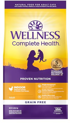 Wellness Complete Health Adult Dry Cat Food for Indoor Cats, Natural, Grain Free Kibble, Chicken Recipe, 11.5 lb Bag