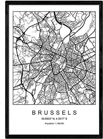 Nacnic Lámina Mapa de la Ciudad Brussels Estilo nordico en Blanco y Negro. Poster tamaño A3 Sin Marco Impreso Papel 250 gr. Cuadros, láminas y Posters para Salon y Dormitorio