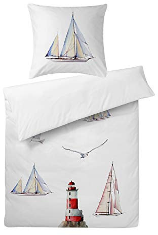 Carpe Sonno Mako Satin Bettwäsche 135x200 cm weiß - Elegante Wendebettwäsche mit Segelboot, Leuchtturm & Möwe aus 100% Baumwolle - 2teilig modernes Bettzeug Garnitur Kopfkissenbezug - Made in Germany