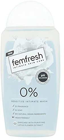 Femfresh 0% Sensitive Intimate Wash, Feminine Hygiene Shower & Bath Gel Cleanser, pH Balanced, Soap & Fragrance Free Feminine Wash, Vegan Formula with Lotus Flower Extract, 250ml