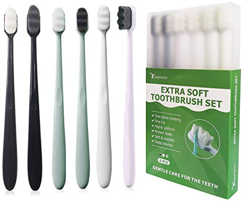 EasyHonor Extra Soft Toothbrush for Sensitive Gums, Micro-Nano Manual Toothbrush with 20000 Soft Floss BristleS 6 Packs(Gray + White bristles)