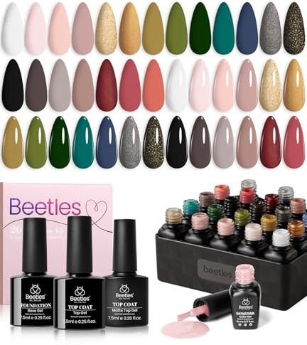 Beetles Gel Nail Polish, 20 Farben Nagellack Set mit Base Gel Glanz und Matte Top coat Nail Kit Glitter Rosa Rot Weiß Blau Lila Grün Soak-Off-UV beständig perfekte Nagellack Geschenk für Frauen