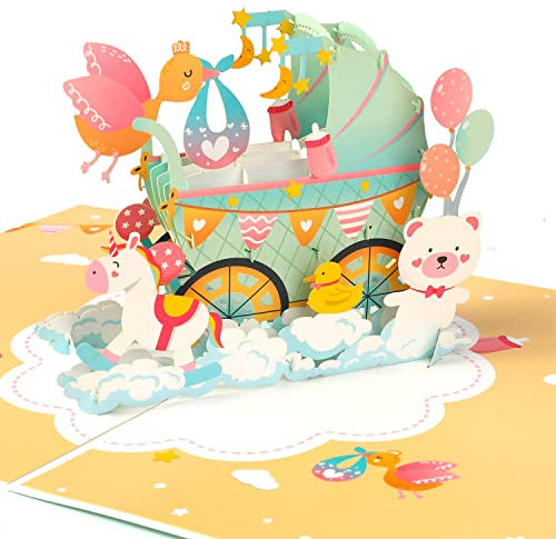 JOFONY 3D Pop Up Karte,Geburtstagskarte für Neugeborene Mit einem 3D Kinderwagen,Baby Taufe Karte Für Babygeburtstag Baby Shower