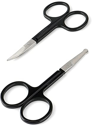 Facial Hair Small Grooming Scissors For Men Women - Eyebrow, Nose Hair, Mustache, Beard, Eyelashes, Ear Trimming Kit - Curved and Rounded Safety Tip Clippers For Hair Cutting- 2PCS Black