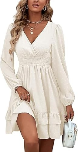 Vestido a Lunares Manga Larga para Mujer Vestido Corto Casual con Cuello en V Floral Vestidos Playa con Dobladillo con Volantes Y Cintura Elástica Blanco M