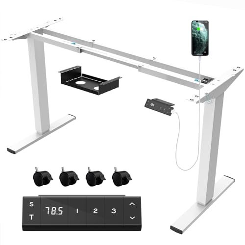 JUMMICO Höhenverstellbarer Schreibtisch Gestell mit USB-Buchse und Kabelwanne, Elektrisch Stufenlos Höhenverstellbar Ttischgestell mit Rollen,Steh Schreibtisch Stehpult（Weiß）