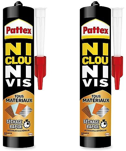 Pattex Ni Clou Ni Vis Tous Matériaux Séchage Rapide, colle de fixation express, séchage en 20 min, colle forte résistante à l'humidité, mastic blanc, cartouche de 390 g (Lot de 2)