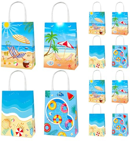 12 st sommarstrandgåvor papperspåsar med handtag, simbassäng tema papper kraftpapper presentpåsar för smmer pool presentask, Hawaii godisgodis godis godispåsar för baby shower födelsedag pool fest