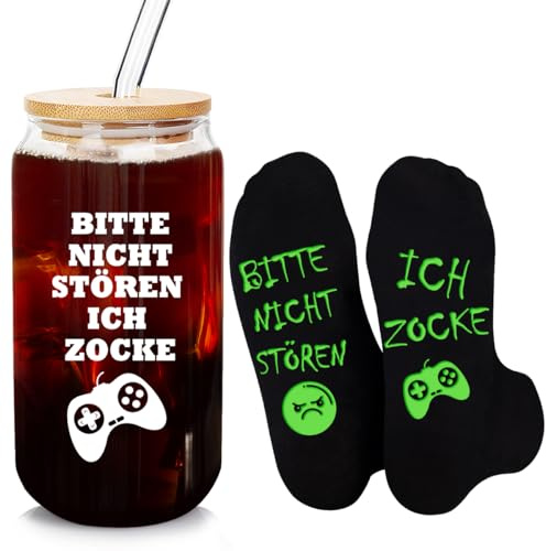 Cadeaux amusants pour hommes - Chaussettes de jeu avec inscription « Bitte Nicht Stören Ich Zocke » - Verres à cocktail - Verres à long drink - Cadeaux de jeu - Cadeaux pour les adolescents et