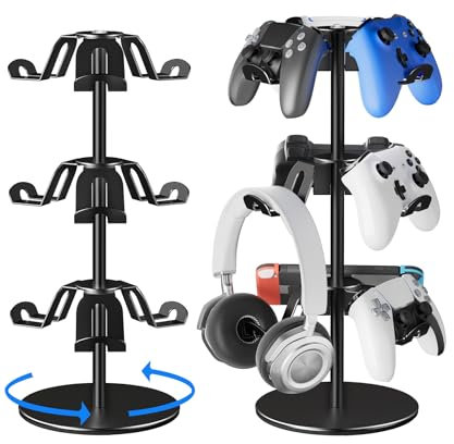 Bricok Aluminum Alloy Controller Holder 360 Degree Rotation Tier,Headphone Stand - Gaming Controller Stand for Xbox PS5 PS4 Switch,Gaming Controller Headset Holder for Gaming Accessories