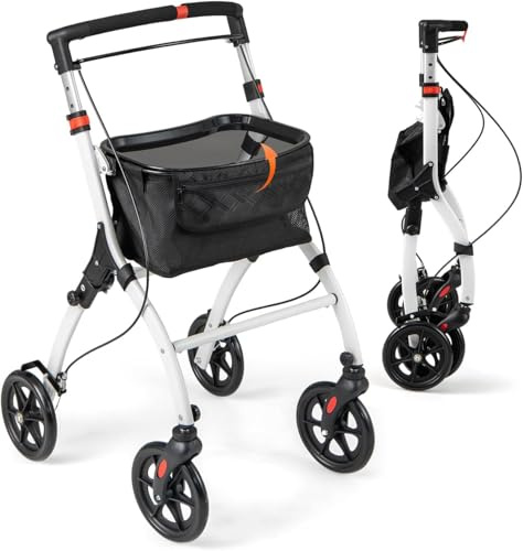 RELAX4LIFE Déambulateur d’Interieur Etroit avec Tablette & Assiette, Déambulateur 4 Roues Pliable Léger, Hauteur 90-103 CM, Grand Sac, Roues Tout Terrain, pour Personnes Âgées, Handicapées