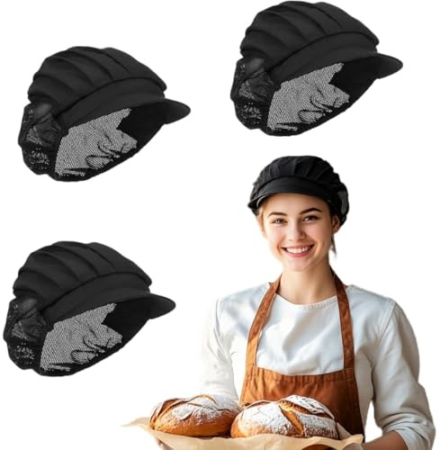Voarge 3 Pezzi Berretto con Visiera Berretto, Cappello con Fascia Elastica per Donna Cappello da Cuoco Ristorante Cameriere Cucina Nero/Bianco