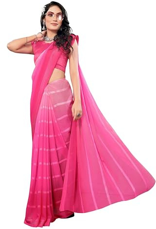 ETHNICMODE sari indio mujer Soft Satin Light Weight Party Pink Saris With Unstitched Pink Blouse Piece-1102