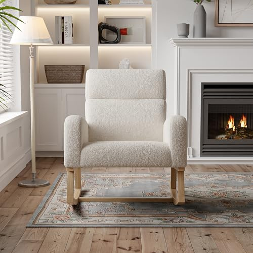 SUNFECILI Sedia a dondolo, poltrona relax con 2 tasche laterali, sedia da allattamento, moderna con schienale alto, poltrona da lettura (beige)