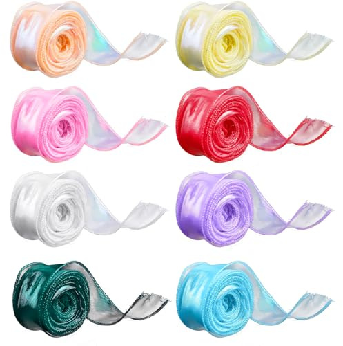 8 Rollos Cinta de Organza 4 cm x 9m en 8 Colores Transparente Brillante | Para Regalos Bodas Manualidades Decoración Ramo de Flores Lazos DIY Artesanías Fiestas Navidad Ramos de Novia