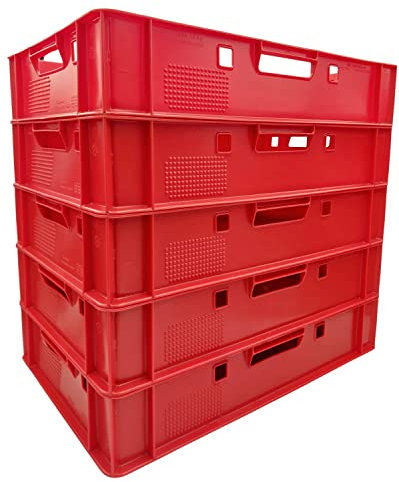 BURI 5x Eurofleischkiste E1 Stapelkisten rot 60x40x12,5cm Fleischerkiste lebensmittelecht, robust, stapelbar - Universal Lagerkisten Transportkisten Eurobox aus Deutschland