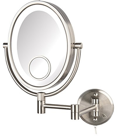 JERDON Two-Sided Wall-Mounted Makeup Mirror with Lights - Lighted Makeup Mirror with 10X Magnification & Wall-Mount Arm - Oval Mirror with Nickel Finish Wall Mount - Model HL9515NL