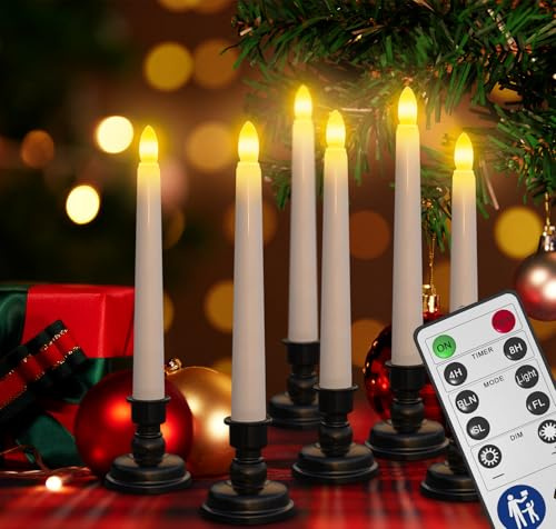 SoulBay 6pcs Christmas Decorations Window Candles with Remote Timer, 7.9inch Battery Operated Flameless Flicker LED Taper Candle Lights w/Black Holders for Home Party Indoor Windowsill Décor