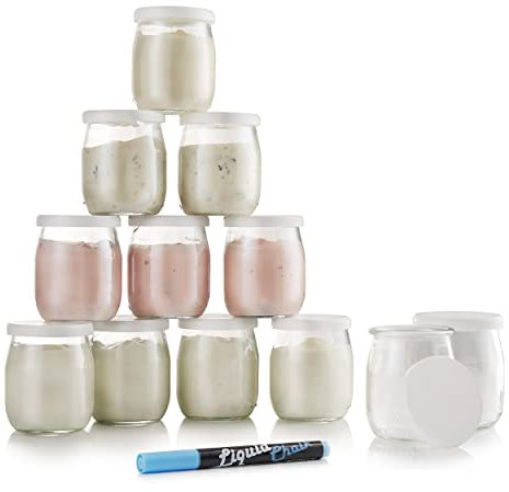 Monboco | lot de 12 Pots de yaourt en verre avec couvercles blancs hermétiques | Fabrication Française | yaourtière & robots (thermomix, cookeo, etc) |142 ML / 125G | Feutre craie effaçable