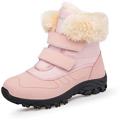 DRECAGE Winter Ankle Snow Boots with Warm Fur Lining Waterproof Women Warm Hiking Booties Anti Slip Shoes Pink UK 4 EU 37