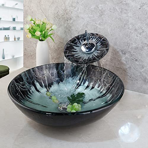 GLOBAOSALU Green Glass Vessel Sink With Faucet And Pop-Up Drain Combo 17 Inch Round Tempered Glass Basin Bathroom Bowl Sinks Above Counter Sink Bowls For Small Vanities Top Mount Easy Installation