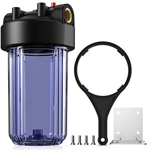 SimPure Whole House Water Big Filter Housing (DB10C), 10 x 4.5, Blue for Whole Home Water Filtration, Sediment Water Filter System for Well, 1 NPT Brass Port (Clear Housing)