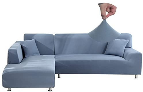 Jaotto Copridivano con Penisola Elasticizzato A Sinistra Destra, Fodere Copridivano Angolare Universale, Copri Divano Chaise Longue a Forma di L (2 posti+3 posti, grigio blu)