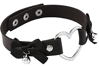 JIHUOO Girocollo regolabile con cuore e cuoricino, in pelle PU, stile gotico, con fiocco e campanella, da donna, Pelle sintetica