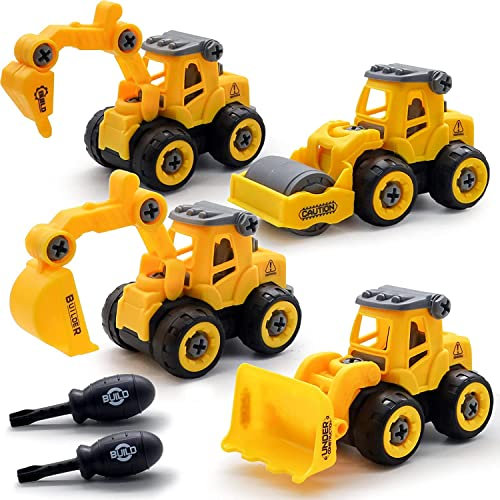 Morofme Excavator Sand Toy, Construction Truck for Kids, Assembly Technology Vehicles Set with Drill Trolley, Road Roller, Bulldozer, Educational Toy