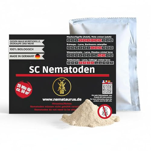 NemaTaurus® SC Nematoden | 25 Mio für 50 m² | gegen Maulwurfsgrillen - Wiesenschnaken - Erdraupen und Kohlschnaken | effektiver, biologischer Pflanzenschutz mit Fadenwürmern