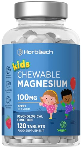 Kids Magnesium Chewable Tablets 100mg | Berry Flavour | 120 Count | Magnesium Citrate Tablets for Children Aged 4+ (Not Gummies) | Vegan | By Horbaach