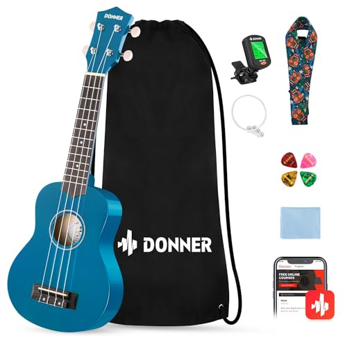 Donner Soprano Ukulele for Beginners 21 Inch Ukelele Starter Bundle Kit with Free Online Lessons Bag Strap String Tuner Picks Cloth Ukalalee Yukalalee (Blue)