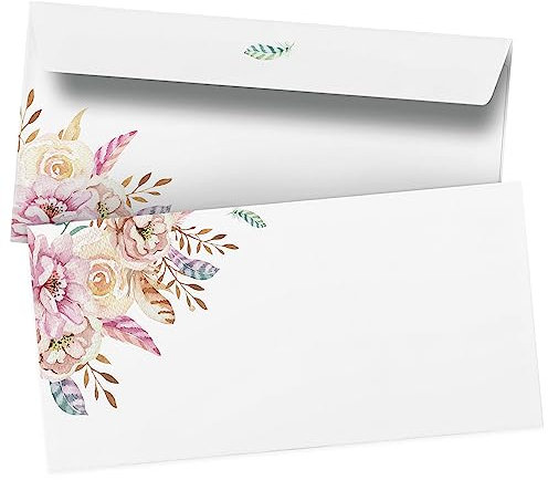 50 Briefumschläge DIN Lang | Rosa Federn Blumen| selbstklebend ohne Fenster | Brief-Umschlag mit Design-Motiv bedruckt | 90 g/m²