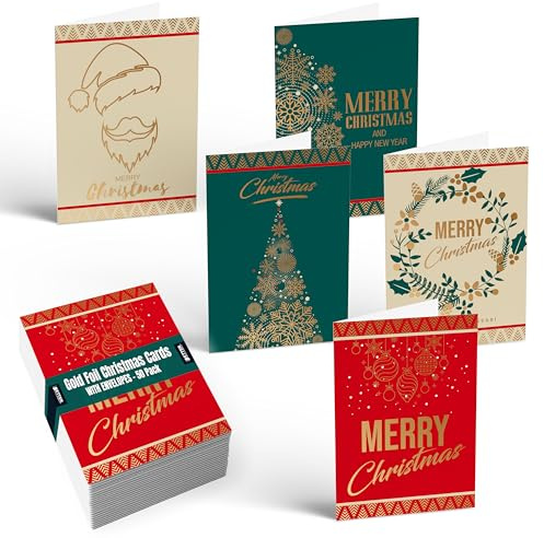 Better Office Products 50 Pack Christmas Cards with Gold Foil Iconic Images, 5 x 7, High Gloss, Gold Foil Interior Greeting, with 50 Envelopes, 50 Count Boxed Set
