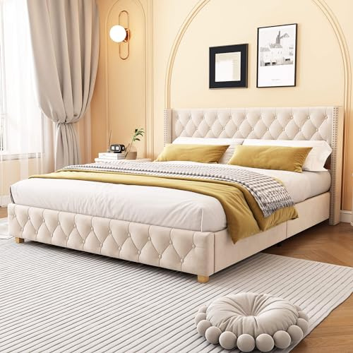 YCYDHDM Letto Imbottito 180 x 200 cm, Matrimoniale con Testiera Imbottita, Struttura con Rete a Doghe e Gambe in Legno, Per Camera da Letto e Ospiti, in Velluto, Senza