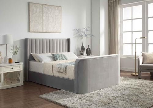 Home Treats Grey Velvet Ottoman TV Bed With Storage | Smart Bed With Remote Control TV Footboard Operation | Gas Lifting Underbed Storage (No Mattress, Super King)