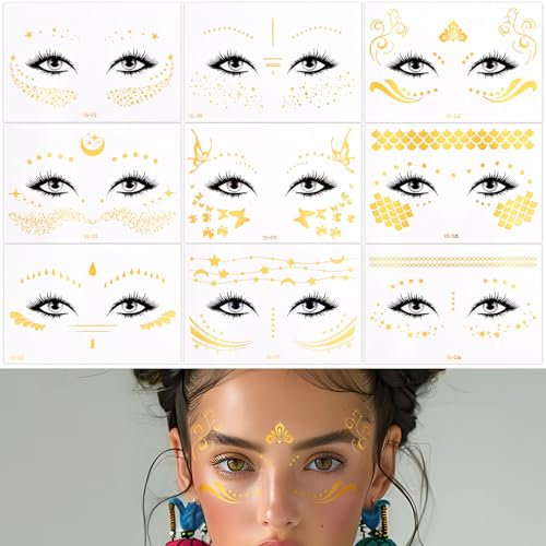 BETESSIN 9 Bögen Gesicht Temporäre Tattoos - Glitzer Gesicht Aufkleber Metallic Gold - Festival Make-up Gesichtstattoos für Karneval, Fasching, Sommerpartys uvm.