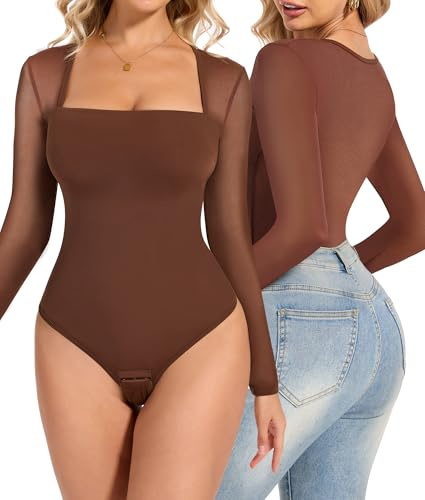 SHAPERIN Women's Bodysuits Shapewear Sheer Mesh Bodysuit Top Long Sleeve Going Out Body Suit Square Neck Tummy Control Body Shaper Brown L