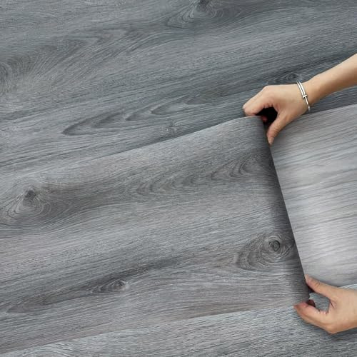 Vinyl Flooring Roll, 30cmX16m, Laminate Wood Flooring, Peel n Stick,Waterproof Covering for Bedroom, Living Room,Rental,(4.8m² Smoke Grey)