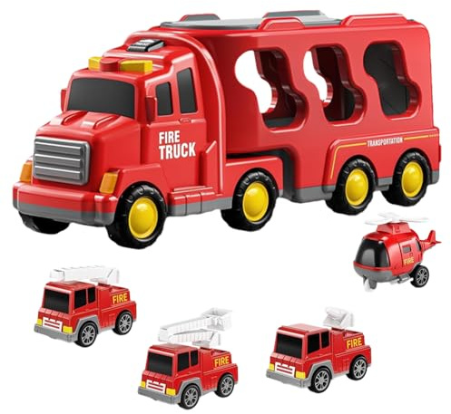 Fire Engine Toys, 5 In 1 Fire Truck Toy with Sound & Light, Helicopter, Ladder Truck, Sprinkler, Fire Car Carrier Transport Vehicle, Friction Power Fires Engine Toy for Christmas Birthday Gifts, Red