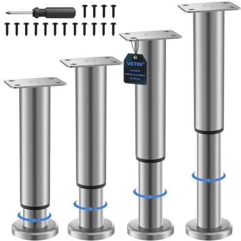 VETIN Lot de 4 pieds de meubles réglables en hauteur de 15 à 27 cm - En acier inoxydable - Pour armoire, meuble TV, lit, canapé, table de chevet, chaise d'apprentissage, armoire de salle de bain