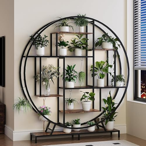 LEADZM Support plantes interieur avec lampes de croissance, étagère à 8 niveaux, en métal, grande étagère de présentation pour plantes, pour la maison, la terrasse (Noir, Rond)